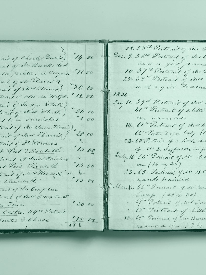 An 1836 handwritten account book in deep green duotone